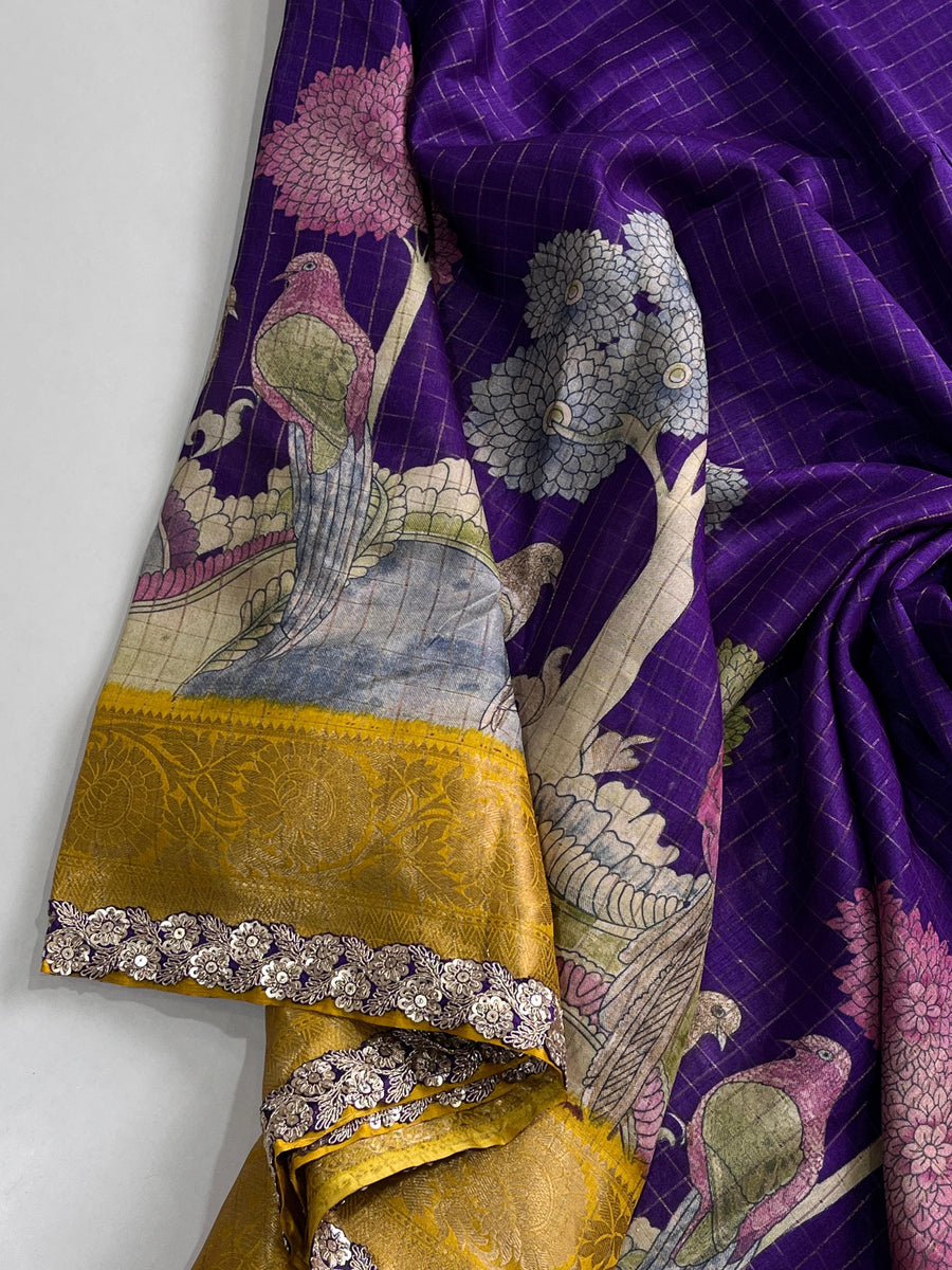 AC014282

Soft silk saree having chex design on all over the saree

*Sparrow Tree print on all over the saree*

Jacquard border on either side

*Rich Kalamkari* pallu as shown

Scalloped sequence & Embroidery lace attached

Teamed with chex blouse having - Anvitha Collections