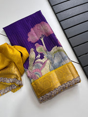 AC014282

Soft silk saree having chex design on all over the saree

*Sparrow Tree print on all over the saree*

Jacquard border on either side

*Rich Kalamkari* pallu as shown

Scalloped sequence & Embroidery lace attached

Teamed with chex blouse having - Anvitha Collections