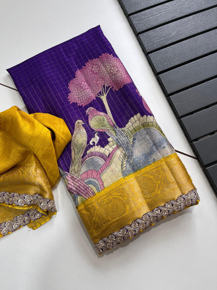 AC014282

Soft silk saree having chex design on all over the saree

*Sparrow Tree print on all over the saree*

Jacquard border on either side

*Rich Kalamkari* pallu as shown

Scalloped sequence & Embroidery lace attached

Teamed with chex blouse having - Anvitha Collections