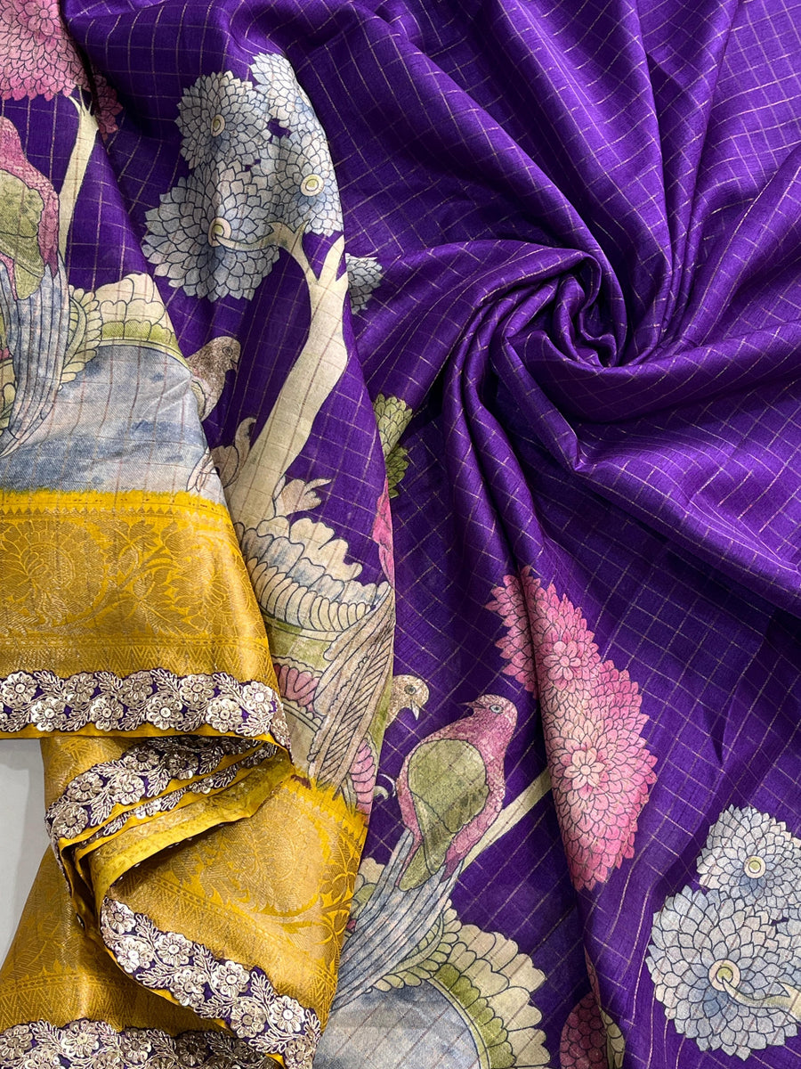 AC014282

Soft silk saree having chex design on all over the saree

*Sparrow Tree print on all over the saree*

Jacquard border on either side

*Rich Kalamkari* pallu as shown

Scalloped sequence & Embroidery lace attached

Teamed with chex blouse having - Anvitha Collections