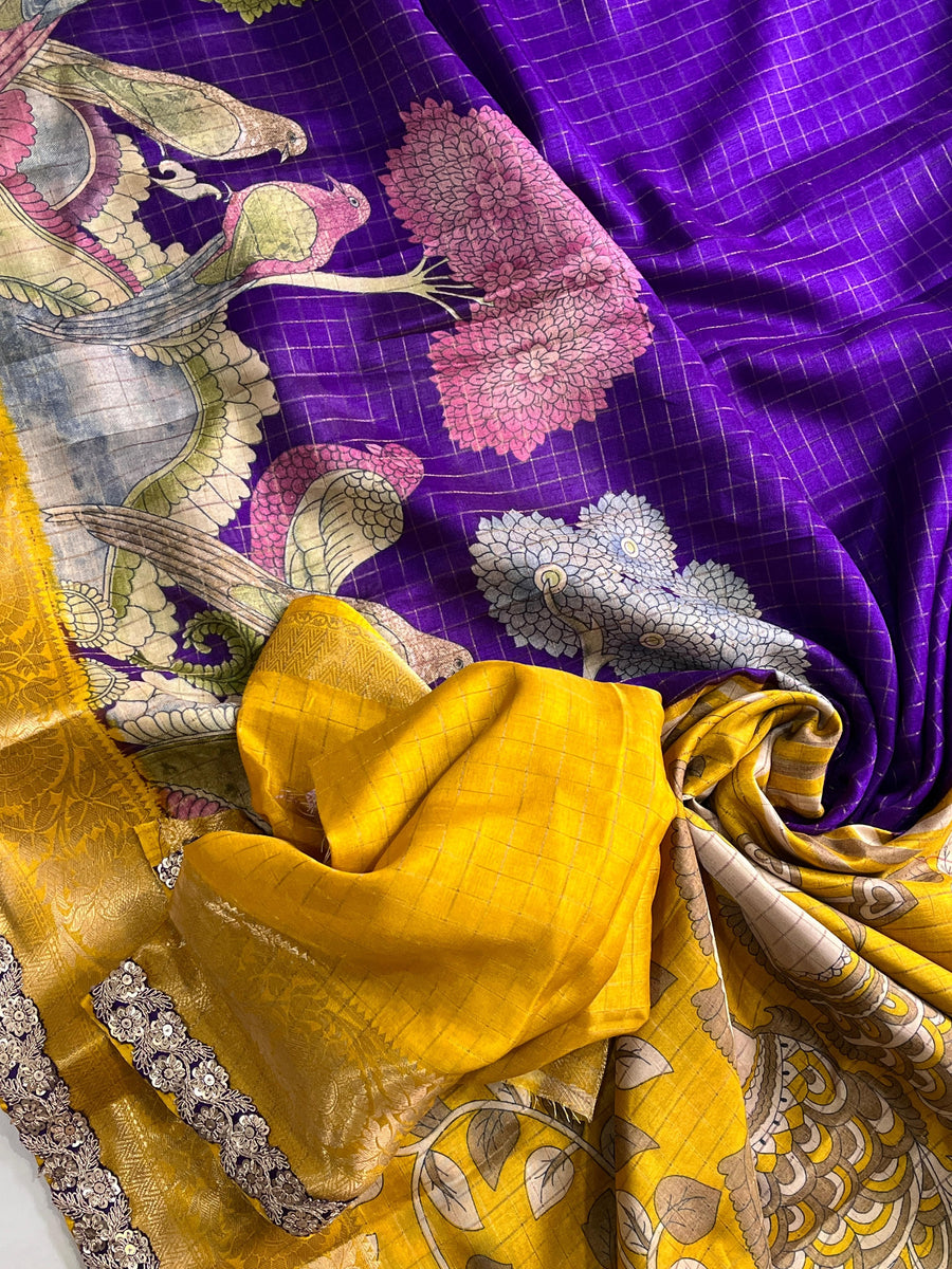 AC014282

Soft silk saree having chex design on all over the saree

*Sparrow Tree print on all over the saree*

Jacquard border on either side

*Rich Kalamkari* pallu as shown

Scalloped sequence & Embroidery lace attached

Teamed with chex blouse having - Anvitha Collections