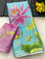 soft kota lenin chex with delicate floral digital print - Anvitha Collections