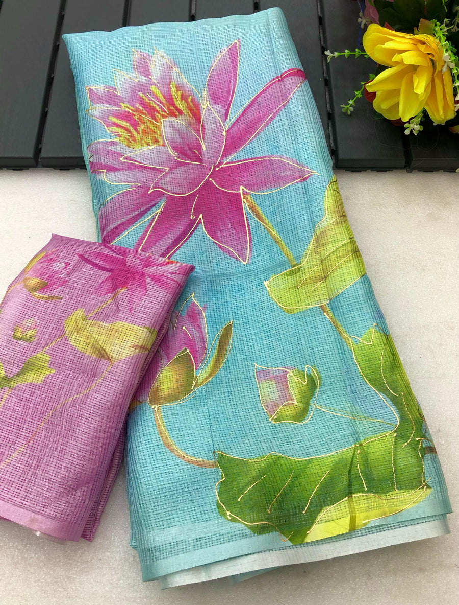 soft kota lenin chex with delicate floral digital print - Anvitha Collections