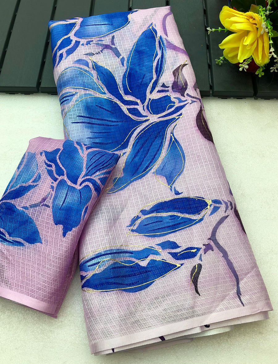 soft kota lenin chex with delicate floral digital print - Anvitha Collections