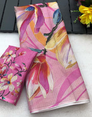 soft kota lenin chex with delicate floral digital print - Anvitha Collections