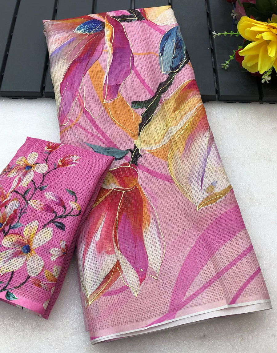 soft kota lenin chex with delicate floral digital print - Anvitha Collections