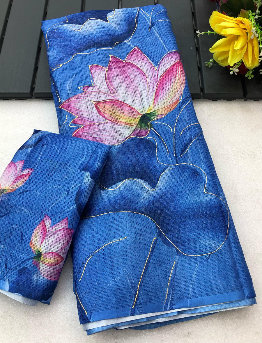 soft kota lenin chex with delicate floral digital print - Anvitha Collections