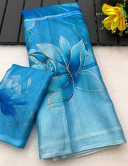 soft kota lenin chex with delicate floral digital print - Anvitha Collections