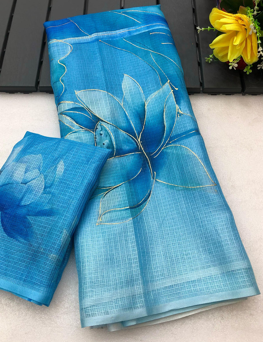soft kota lenin chex with delicate floral digital print - Anvitha Collections