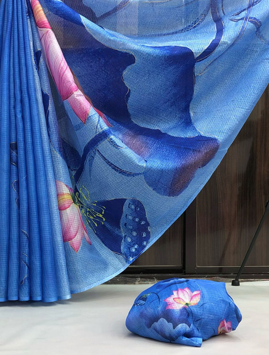 soft kota lenin chex with delicate floral digital print - Anvitha Collections
