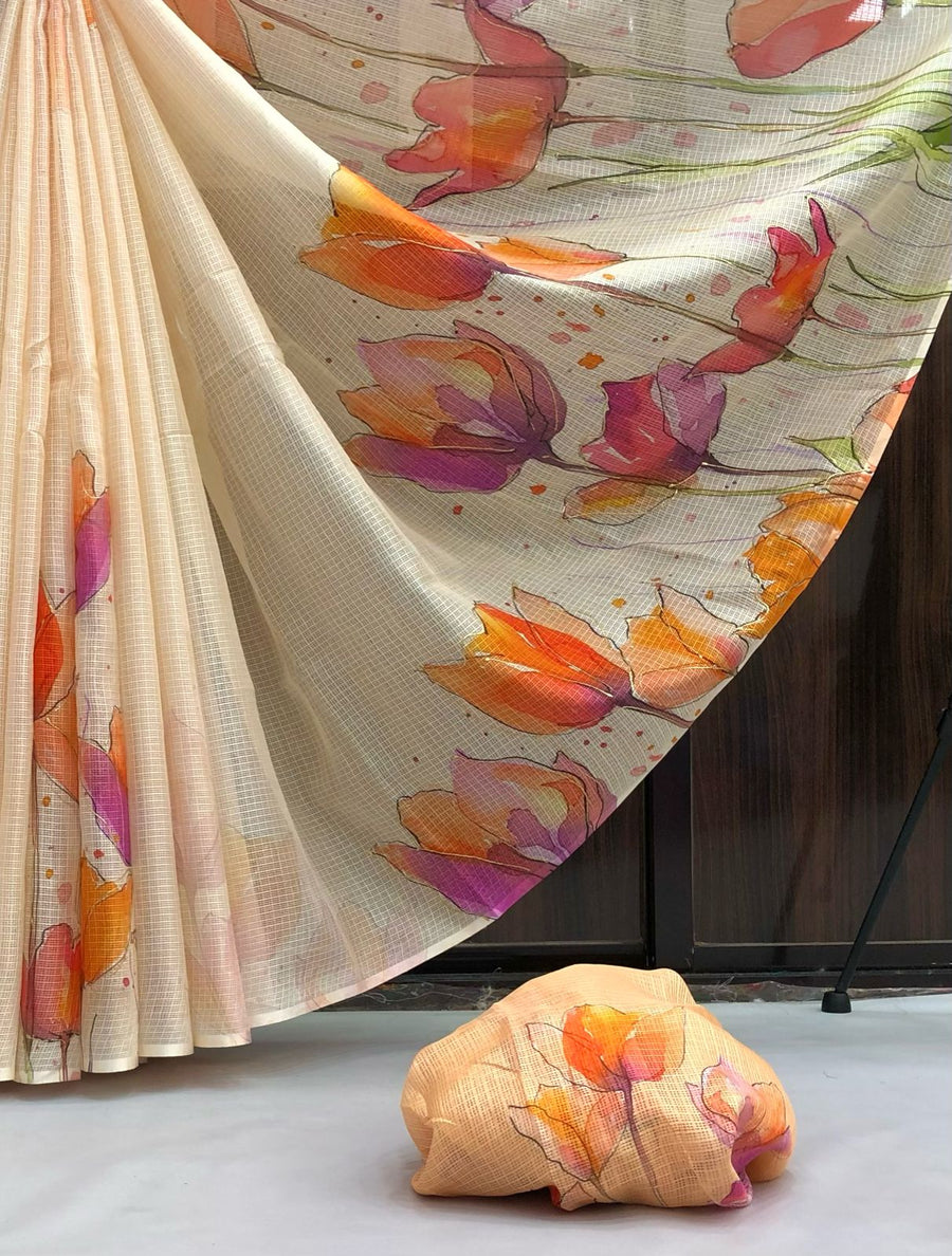 soft kota lenin chex with delicate floral digital print - Anvitha Collections