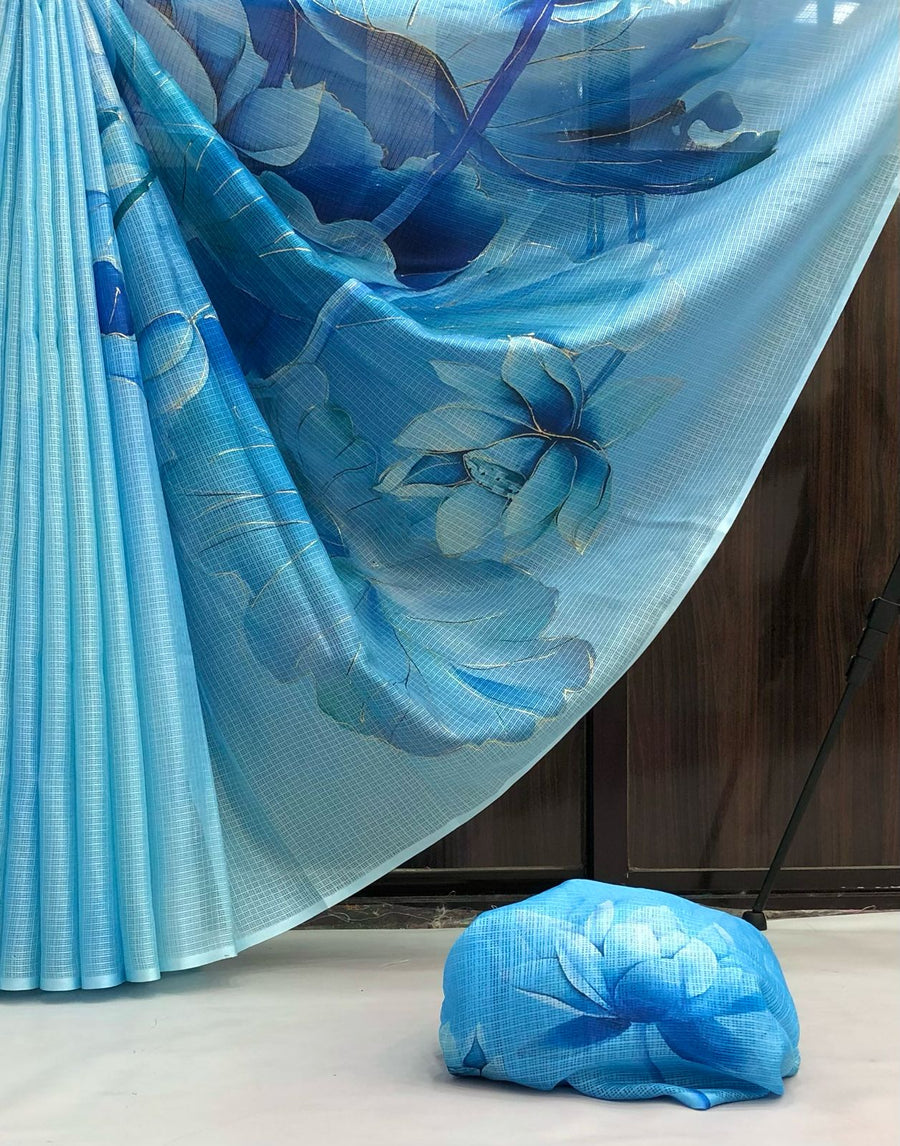 soft kota lenin chex with delicate floral digital print - Anvitha Collections