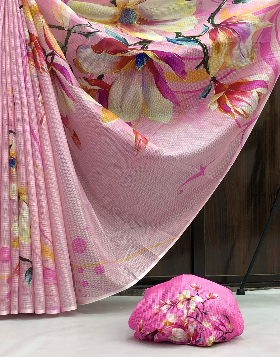 soft kota lenin chex with delicate floral digital print - Anvitha Collections