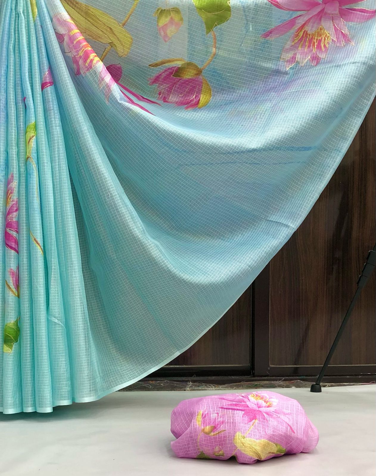 soft kota lenin chex with delicate floral digital print - Anvitha Collections