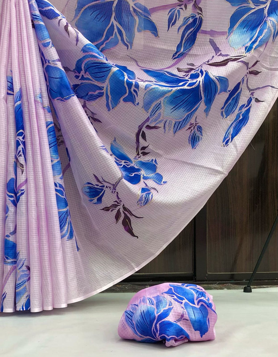 soft kota lenin chex with delicate floral digital print - Anvitha Collections