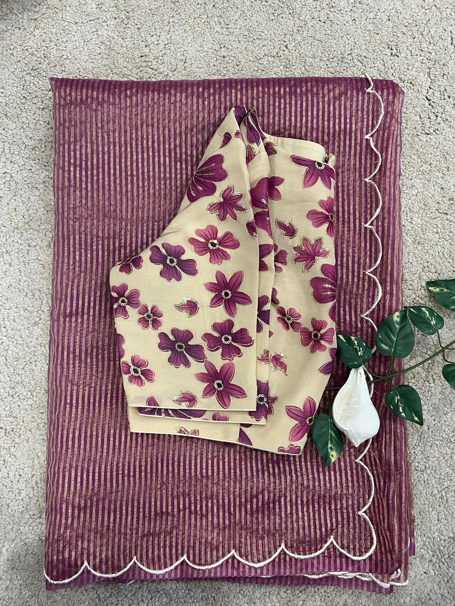 pure organza gold tissue lines saree - Anvitha Collections