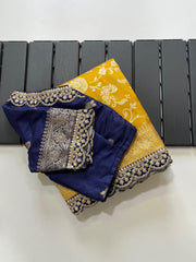 Yellow and Navy Blue Banarasi Pattu Saree - Anvitha Collections