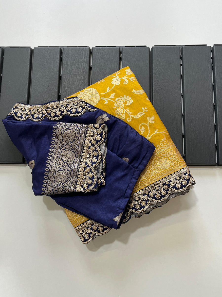 Yellow and Navy Blue Banarasi Pattu Saree - Anvitha Collections