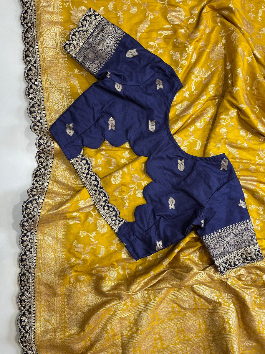 Yellow and Navy Blue Banarasi Pattu Saree - Anvitha Collections