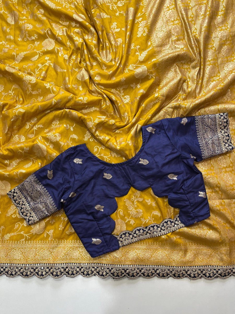 Yellow and Navy Blue Banarasi Pattu Saree - Anvitha Collections