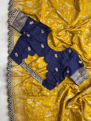 Yellow and Navy Blue Banarasi Pattu Saree - Anvitha Collections