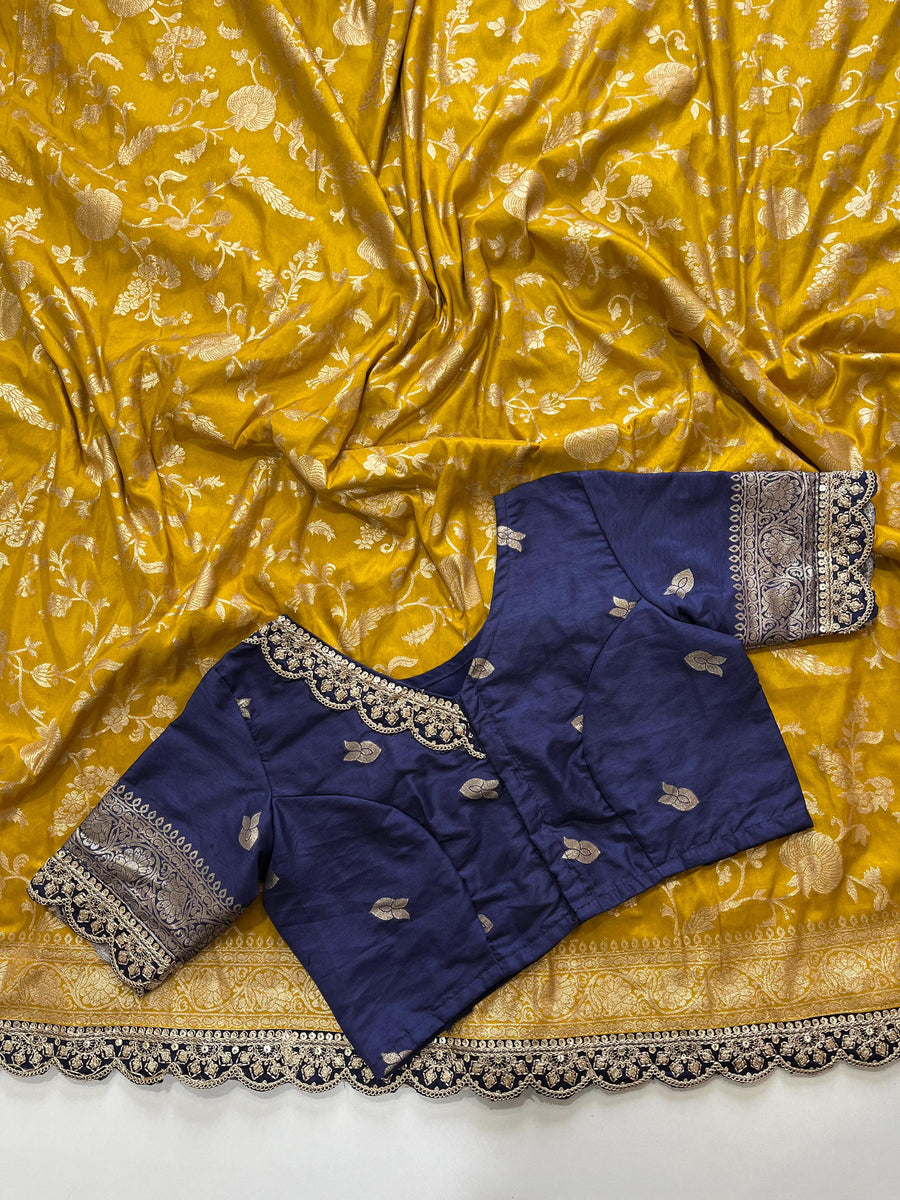 Yellow and Navy Blue Banarasi Pattu Saree - Anvitha Collections