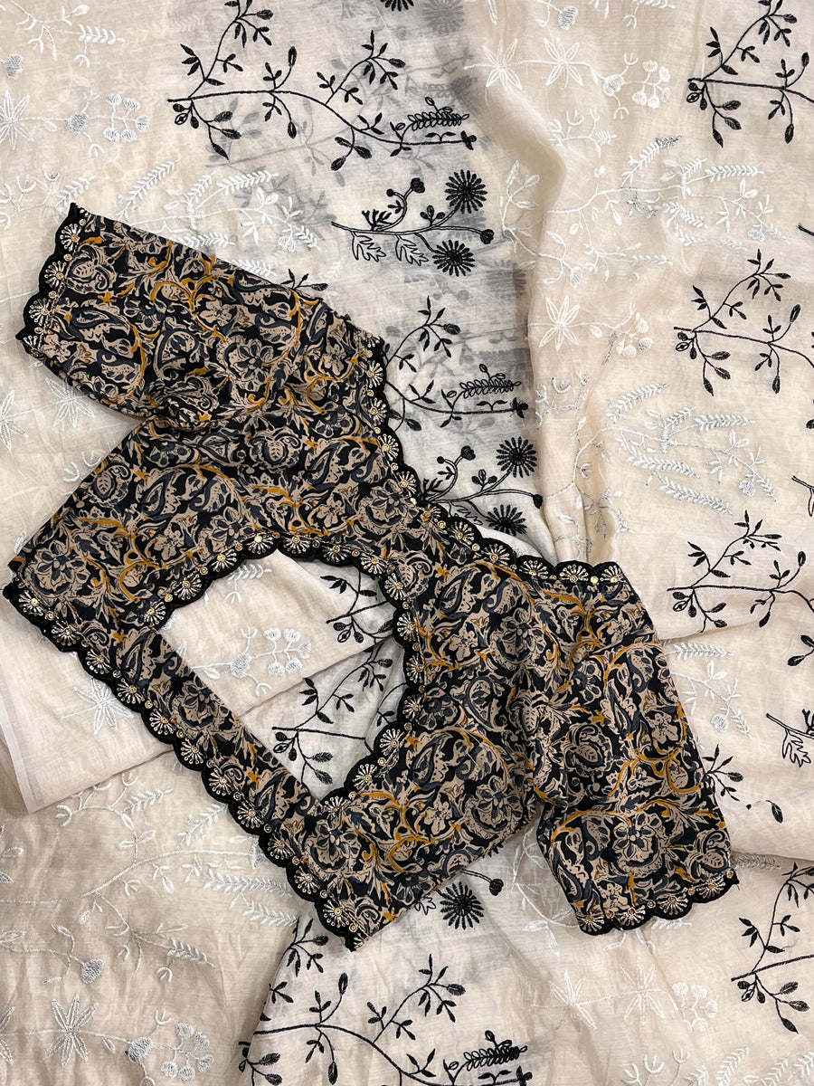 black and white flowers on pure Chanderi cotton - Anvitha Collections