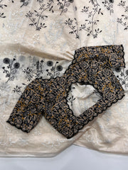 black and white flowers on pure Chanderi cotton - Anvitha Collections