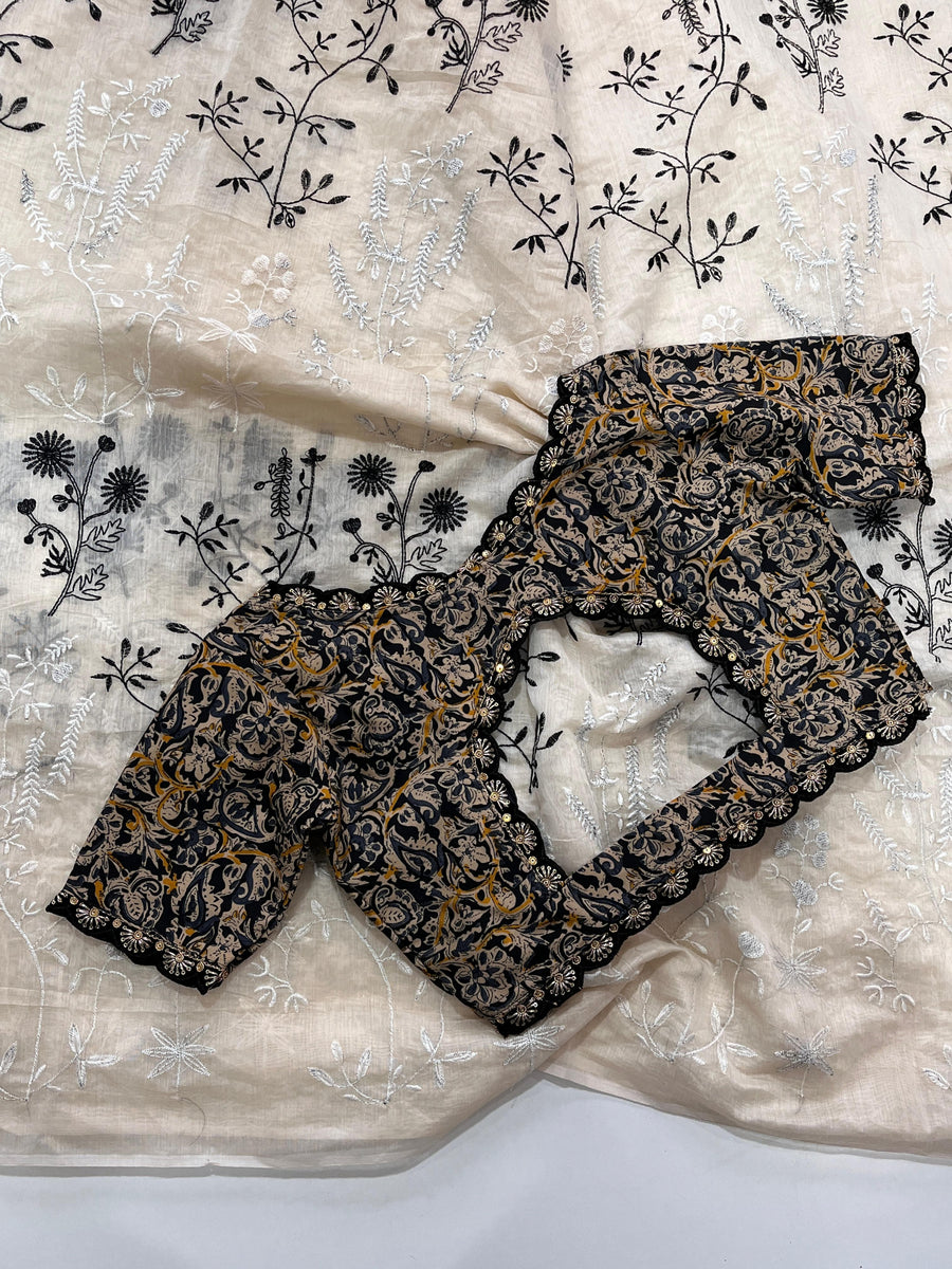 black and white flowers on pure Chanderi cotton - Anvitha Collections