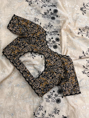 black and white flowers on pure Chanderi cotton - Anvitha Collections