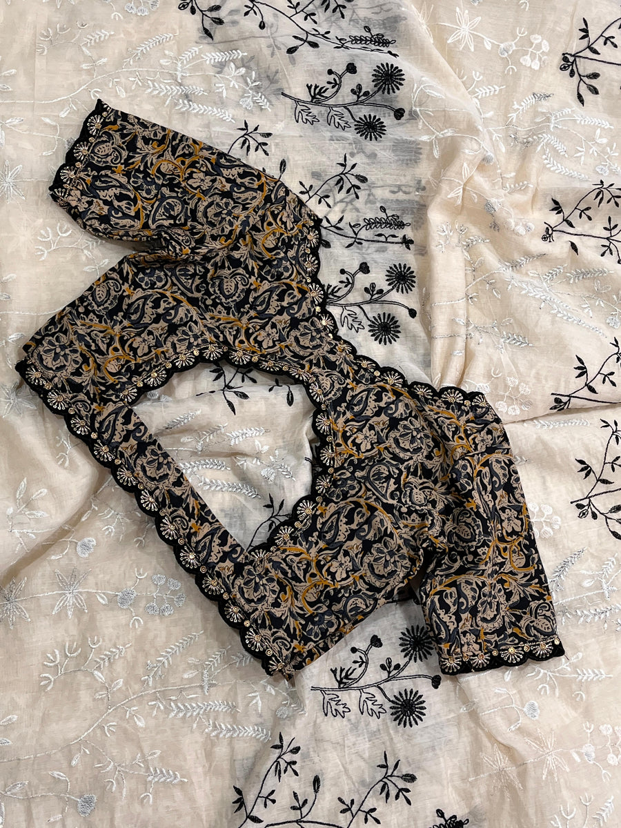 black and white flowers on pure Chanderi cotton - Anvitha Collections