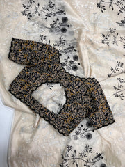 black and white flowers on pure Chanderi cotton - Anvitha Collections