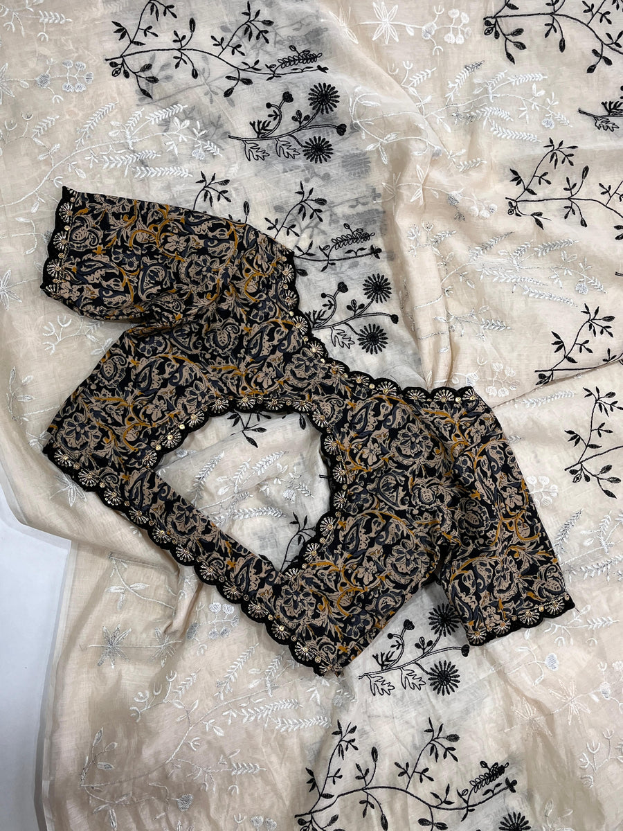 black and white flowers on pure Chanderi cotton - Anvitha Collections