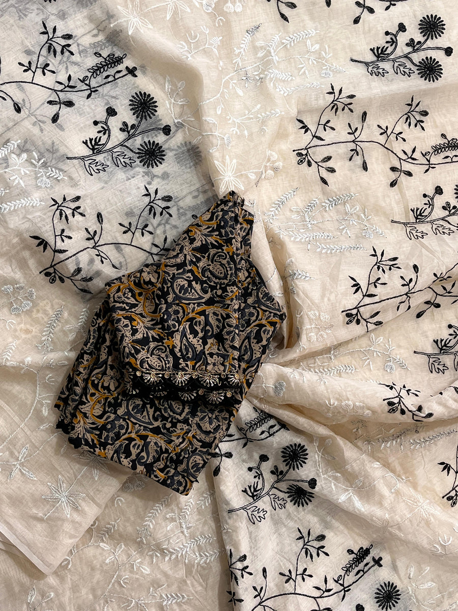 black and white flowers on pure Chanderi cotton - Anvitha Collections