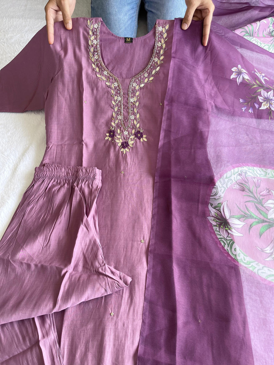 roman silk dress Roman Simmer Silk Top & Plazo Set with Embroidered Organza Dupatta Fully Stitched