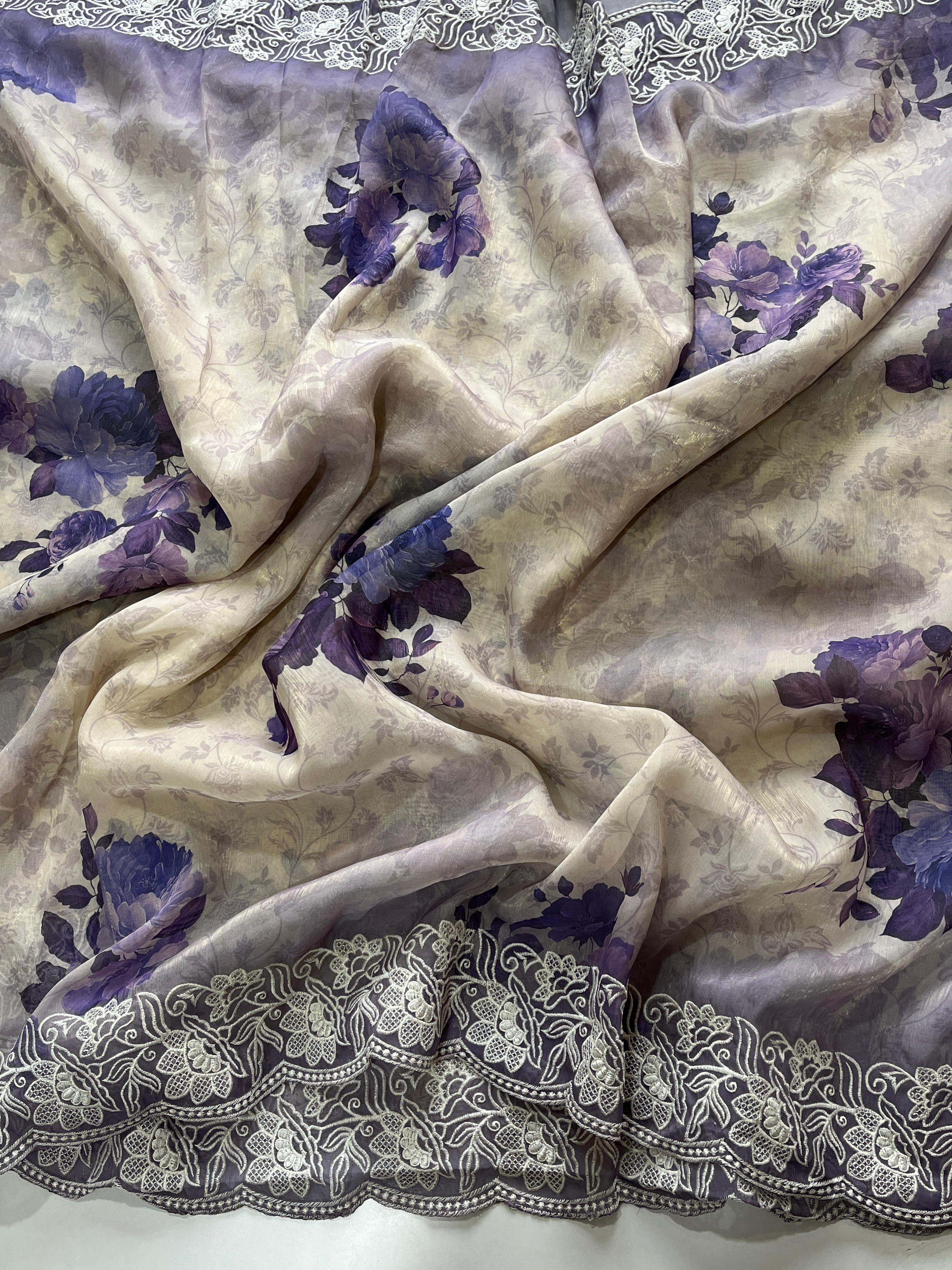 delicate floral print all over with an intricately embroidered cut work - Anvitha Collections