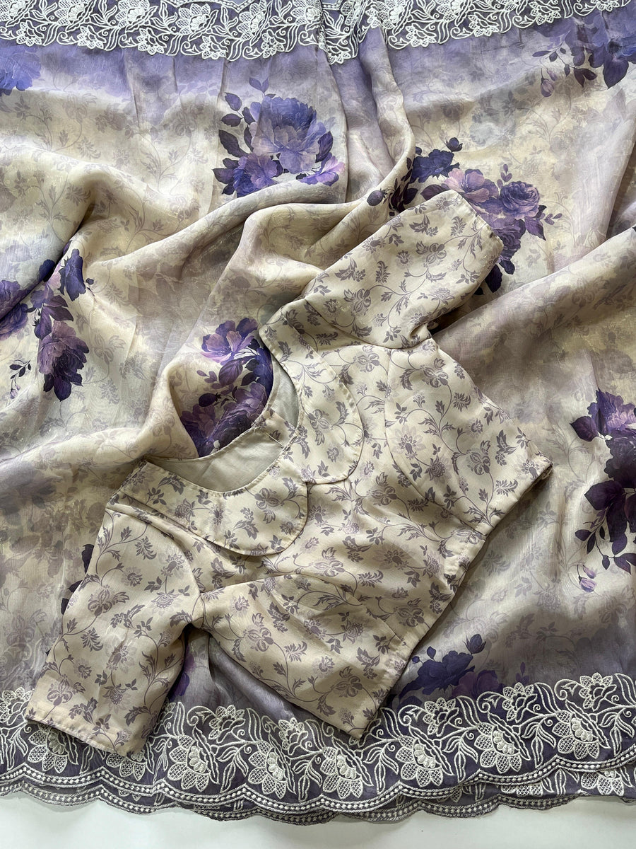 delicate floral print all over with an intricately embroidered cut work - Anvitha Collections