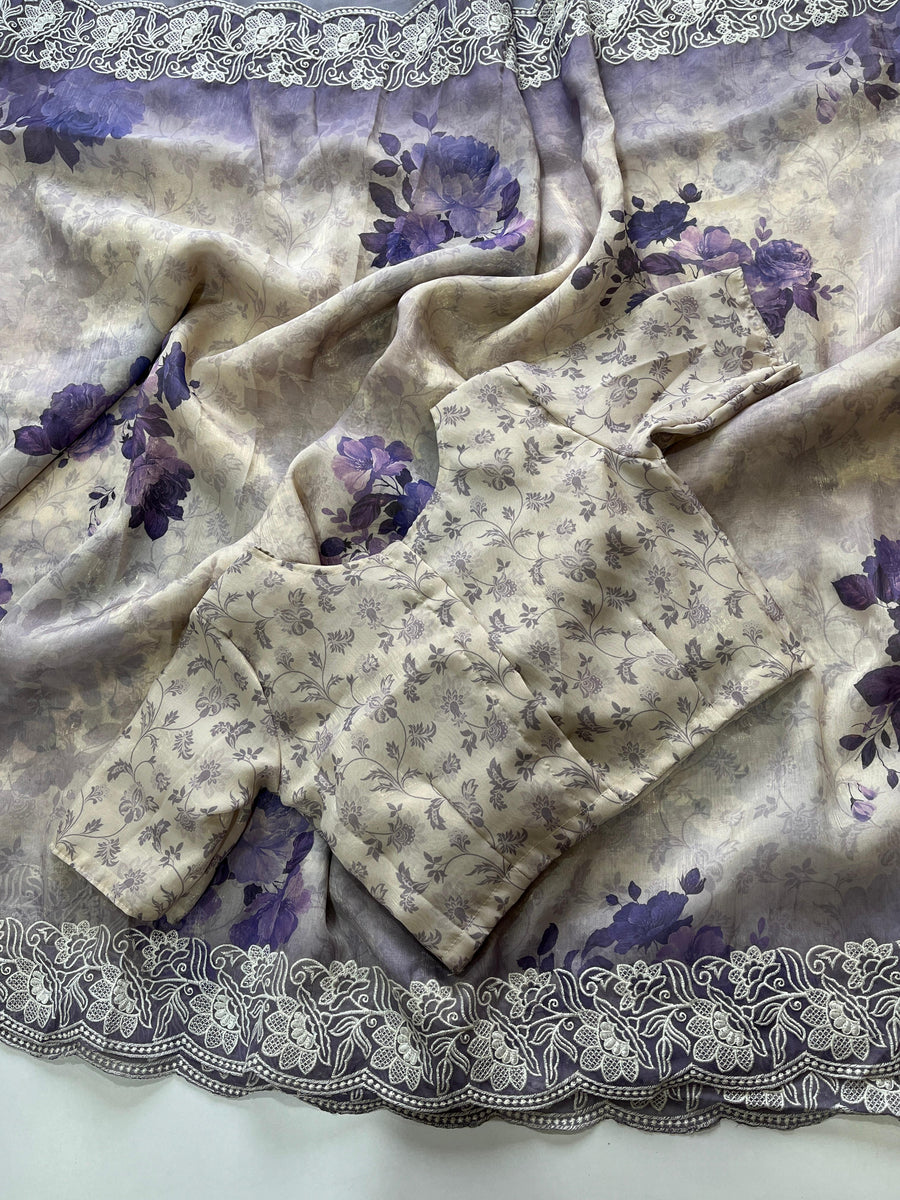 delicate floral print all over with an intricately embroidered cut work - Anvitha Collections