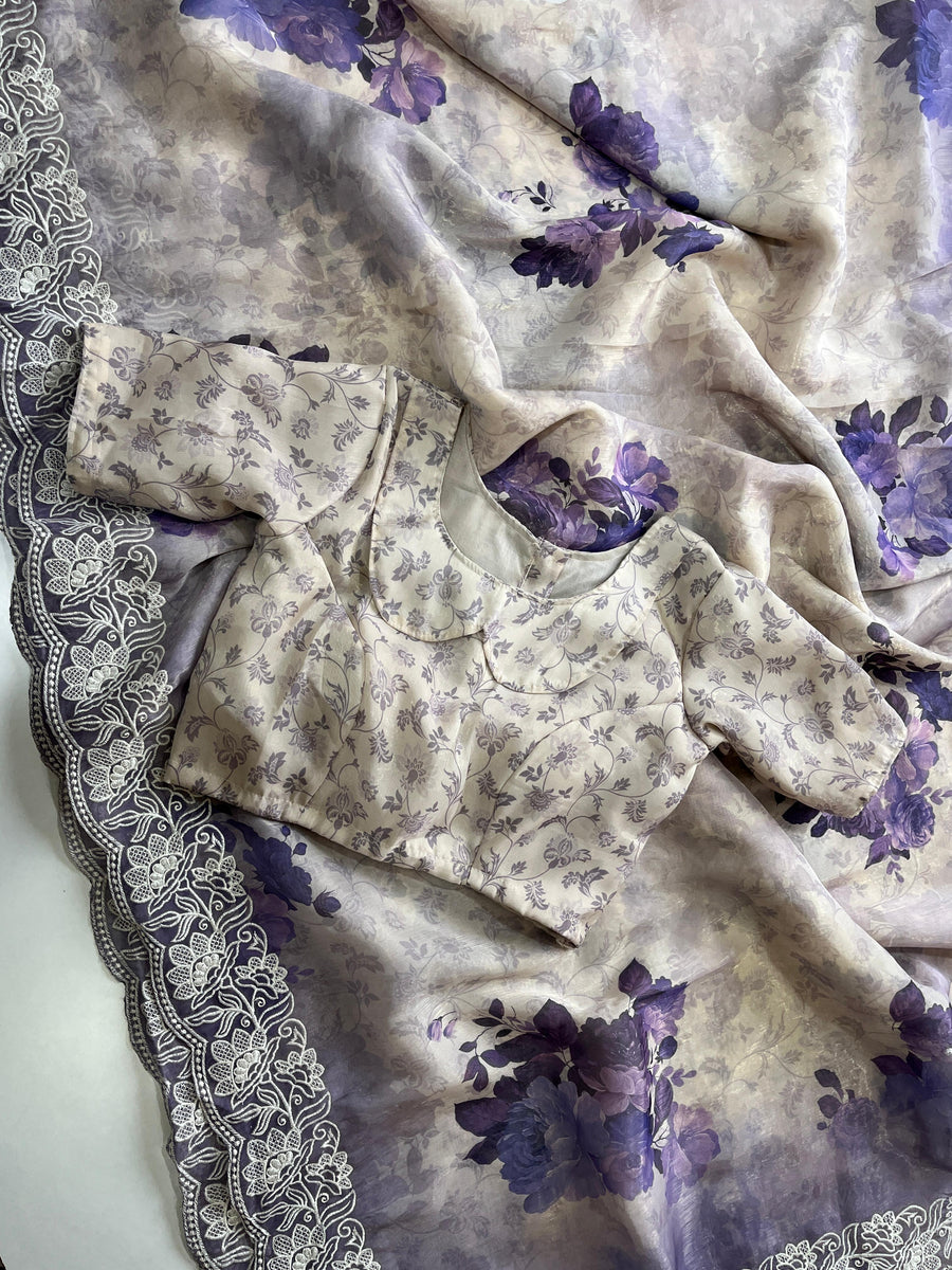 delicate floral print all over with an intricately embroidered cut work - Anvitha Collections