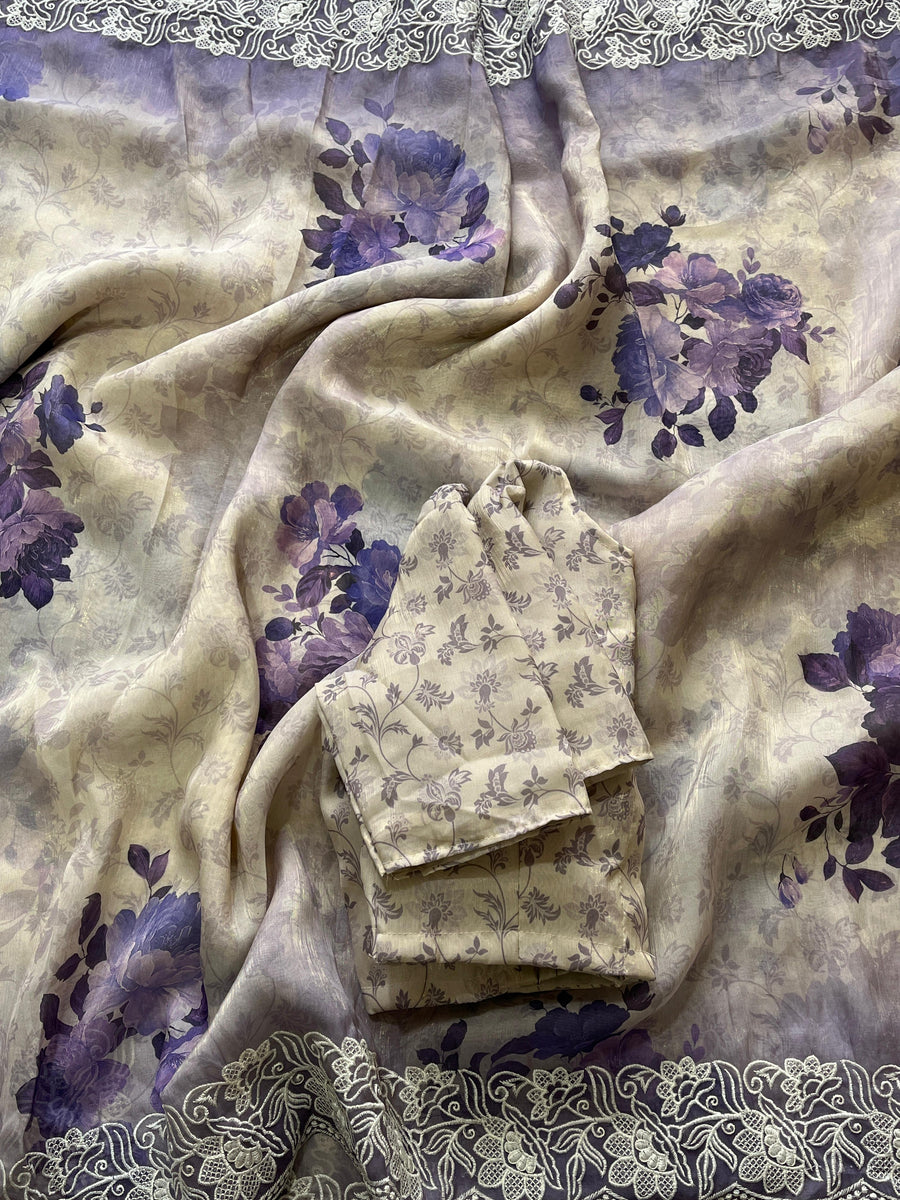 delicate floral print all over with an intricately embroidered cut work - Anvitha Collections