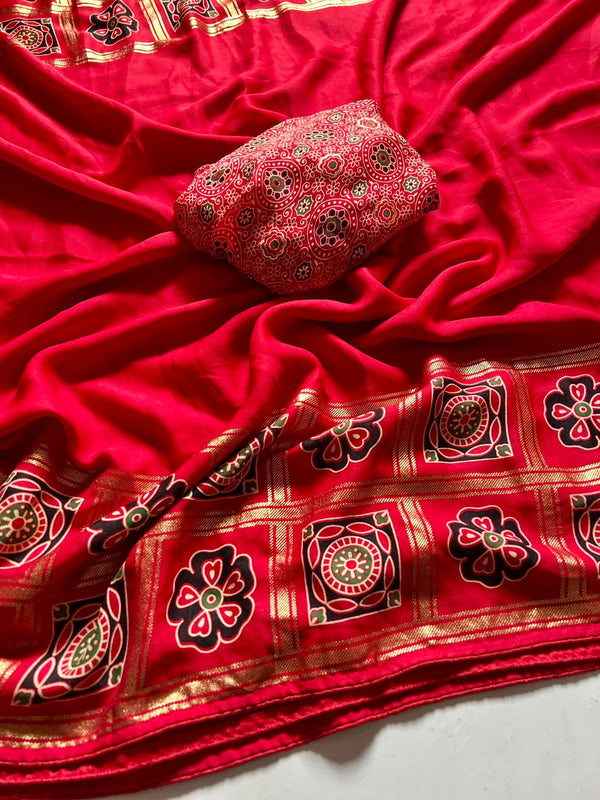 Red Batik Bandhej Lagdi Patta Saree
