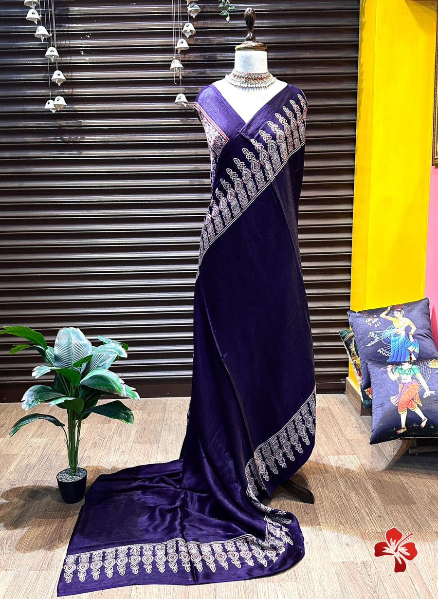 Ajrakh hand block printed viscose modal silk saree