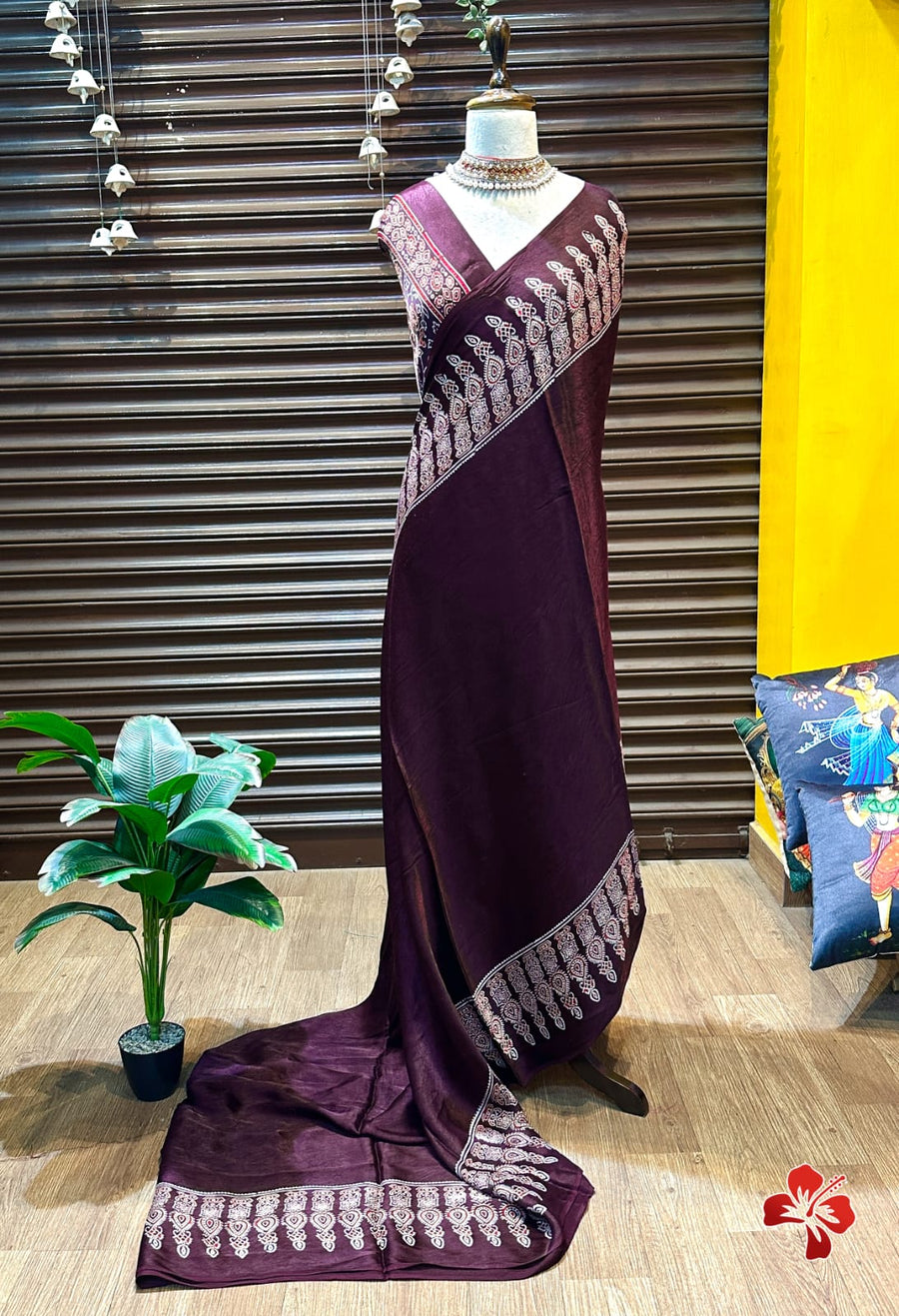 Ajrakh hand block printed viscose modal silk saree