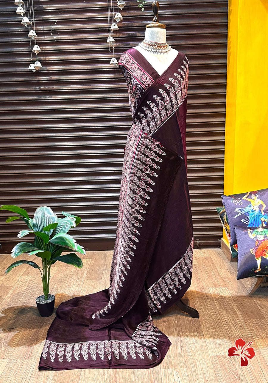 Ajrakh hand block printed viscose modal silk saree