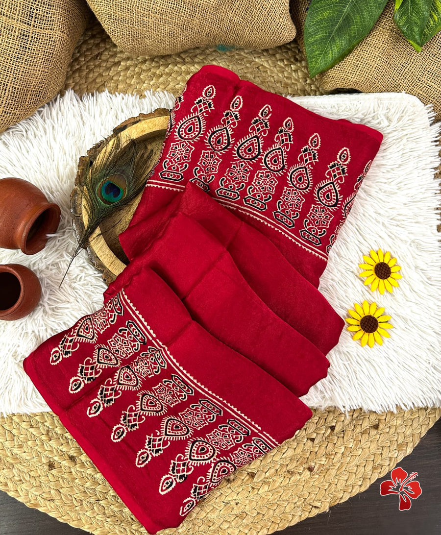 Ajrakh hand block printed viscose modal silk saree