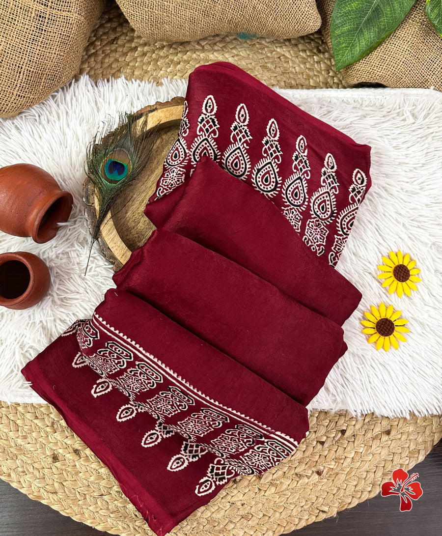 Ajrakh hand block printed viscose modal silk saree