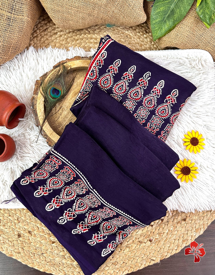 Ajrakh hand block printed viscose modal silk saree