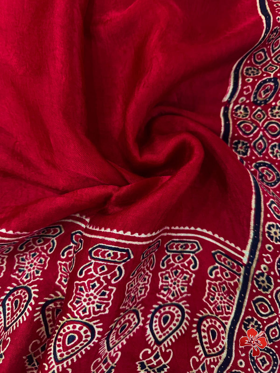 Ajrakh hand block printed viscose modal silk saree