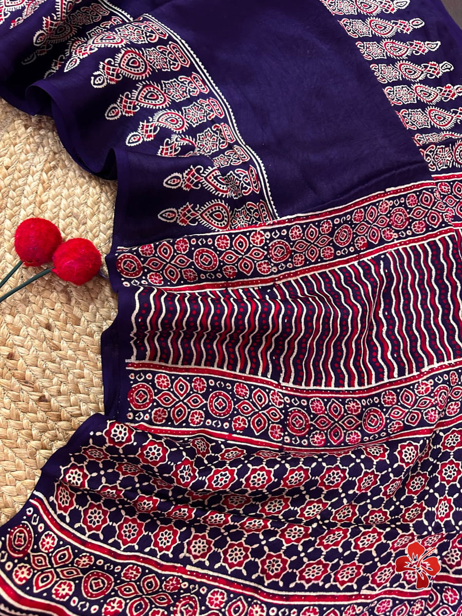 Ajrakh hand block printed viscose modal silk saree