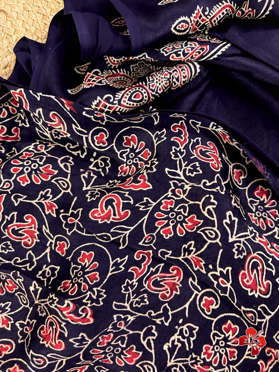 Ajrakh hand block printed viscose modal silk saree